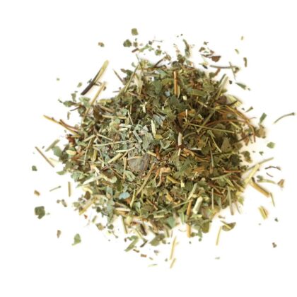 Pile of dried epimedium herb on a white background