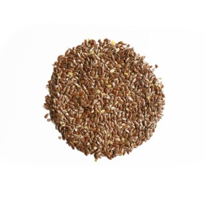 Pile of whole flaxseeds on a white background