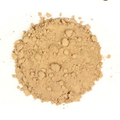 Pile of fine galangal root powder on a white background