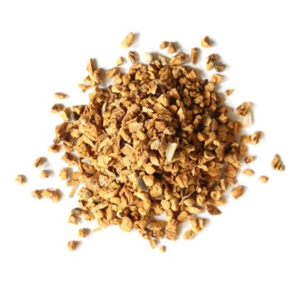 Pile of dried gentian root on a white background