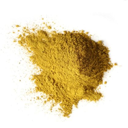 Pile of goldenseal root powder on a white background