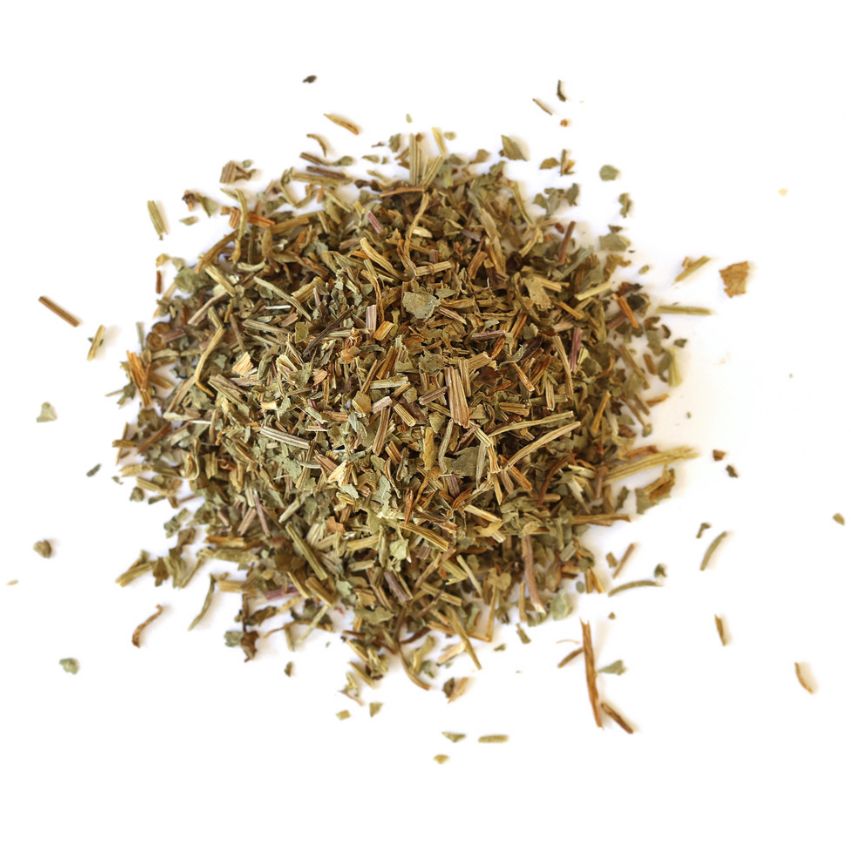 Pile of dried gotu kola leaves on a white background