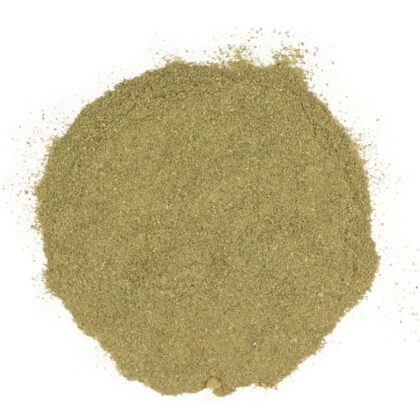 Pile of gotu kola powder on a white background