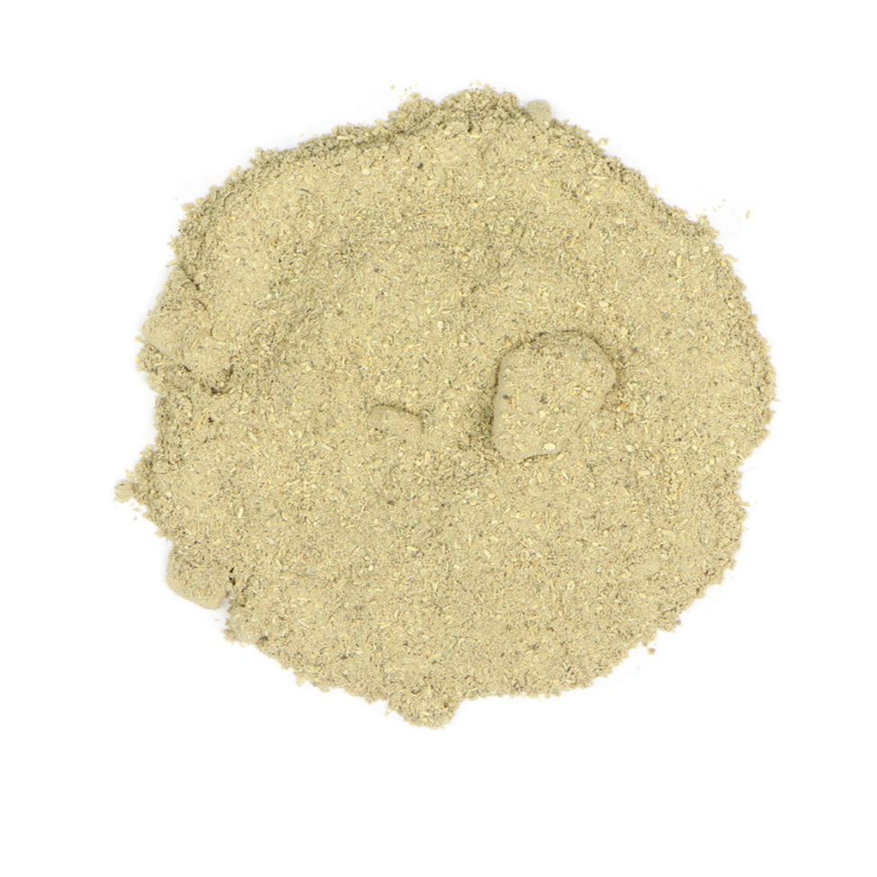 Pile of gravel root powder on a white background