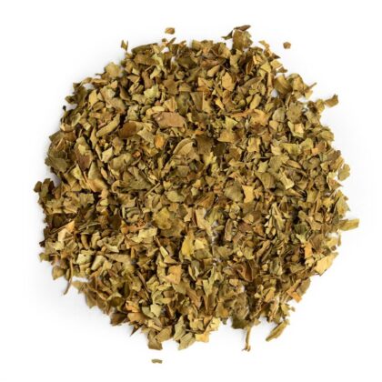 Pile of dried gymnema leaves on a white background