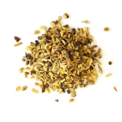 Pile of dried licorice root on a white background