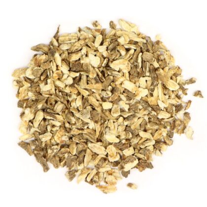 Pile of dried lovage root on a white background