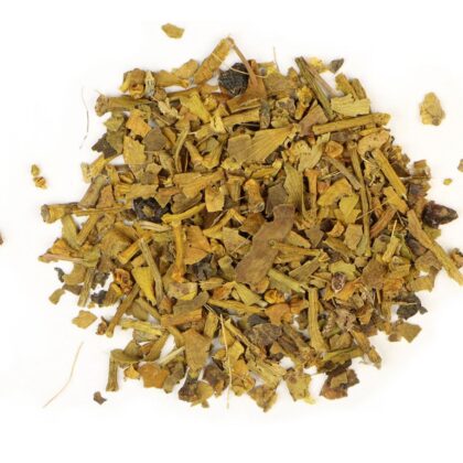 Pile of dried mistletoe leaves on a white background