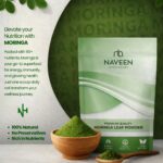 Moringa leaf powder in a wooden bowl beside Naveen Herbs moringa packaging on a white and green background