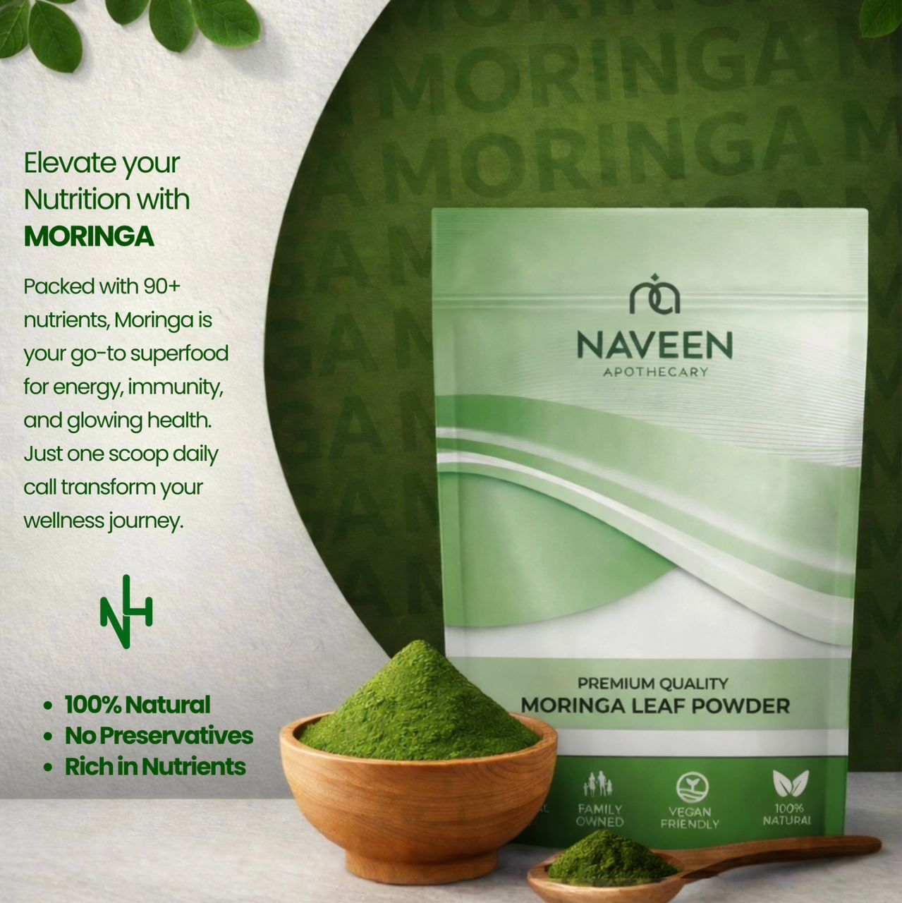Moringa leaf powder in a wooden bowl beside Naveen Herbs moringa packaging on a white and green background