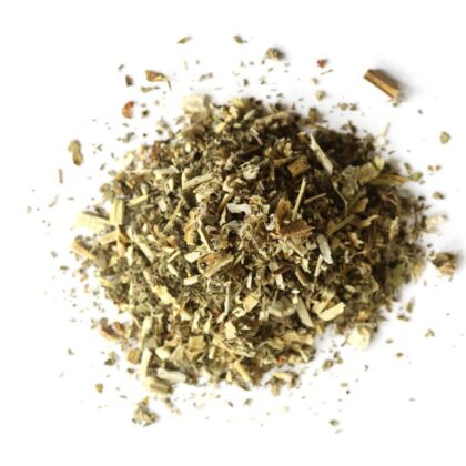 Pile of dried motherwort herb on a white background