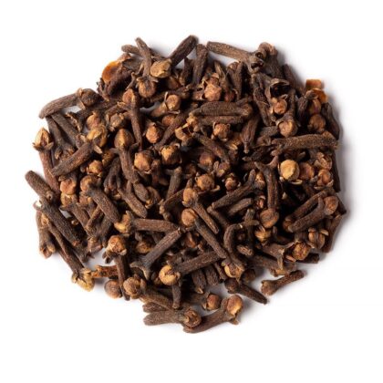 Pile of whole cloves from Naveen Herbs on a white background