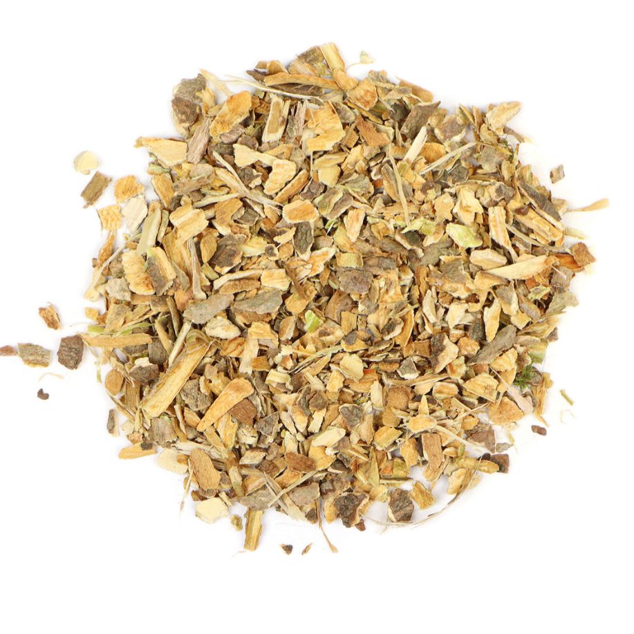 Pile of dried cramp bark from Naveen Herbs on a white background