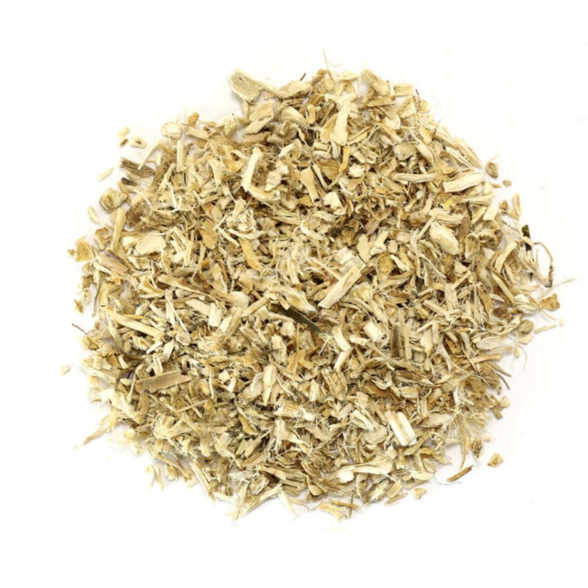 Pile of dried marshmallow root on a white background