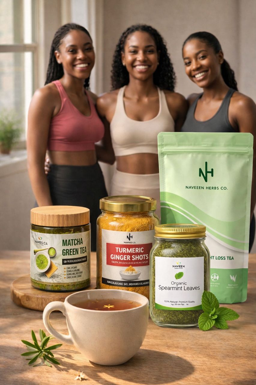 Three smiling Nigerian women in fitness wear standing behind a Naveen Herbs Co women's weight loss bundle featuring Matcha Green Tea jar, Turmeric Ginger Shots powder, Organic Spearmint Leaves jar, and a herbal weight loss tea pouch on a wooden table with a brewed cup of herbal tea