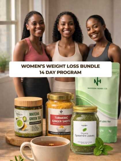 Three smiling Nigerian women in fitness wear standing behind a Naveen Herbs Co women's weight loss bundle featuring Matcha Green Tea jar, Turmeric Ginger Shots powder, Organic Spearmint Leaves jar, and a herbal weight loss tea pouch on a wooden table with a brewed cup of herbal tea