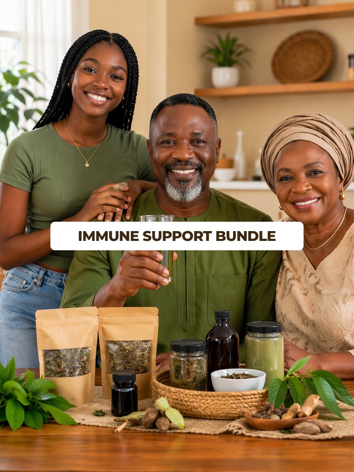 A Nigerian family — father, mother, and teenage daughter — smiling together in a bright home setting with the Naveen Herbs Immune Boost & Protection Bundle featuring Ascorbic Acid, Echinacea Elderberry Tea, Turmeric Ginger Shots, and Supergreens Powder on a table in front of them